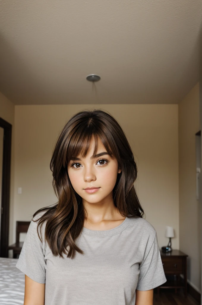 Girl with brown hair and brown eyes inside room