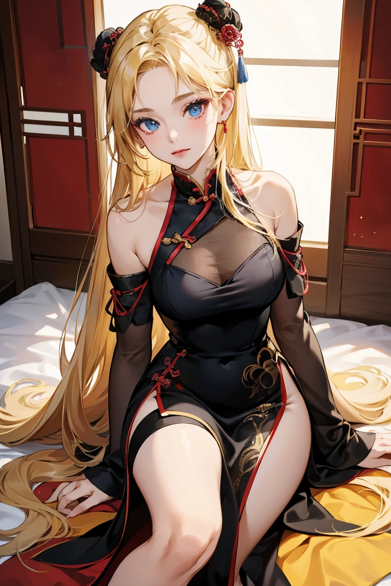 1girl, 30 years old, Chinese, chinese dress, black dress, off-the-shoulder, blonde hair, long hair, blonde, blue eyes, sexy, seductive,