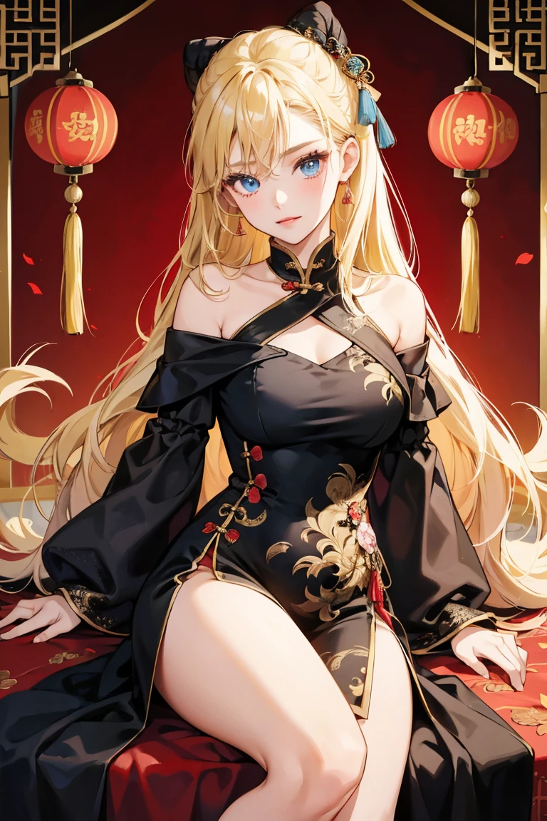1girl, 30 years old, Chinese, chinese dress, black dress, off-the-shoulder, blonde hair, long hair, blonde, blue eyes, sexy, seductive,