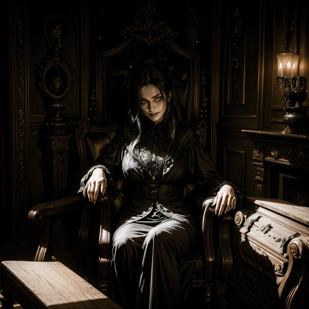a dark and mysterious almost skeletal woman, sitting on an antique armchair, laughing in a disturbing way towards the camera, a sinister-looking woman portrait painting in the room, chiaroscuro lighting, dark and moody atmosphere, dramatic shading, intricate details, high contrast, cinematic, gothic horror