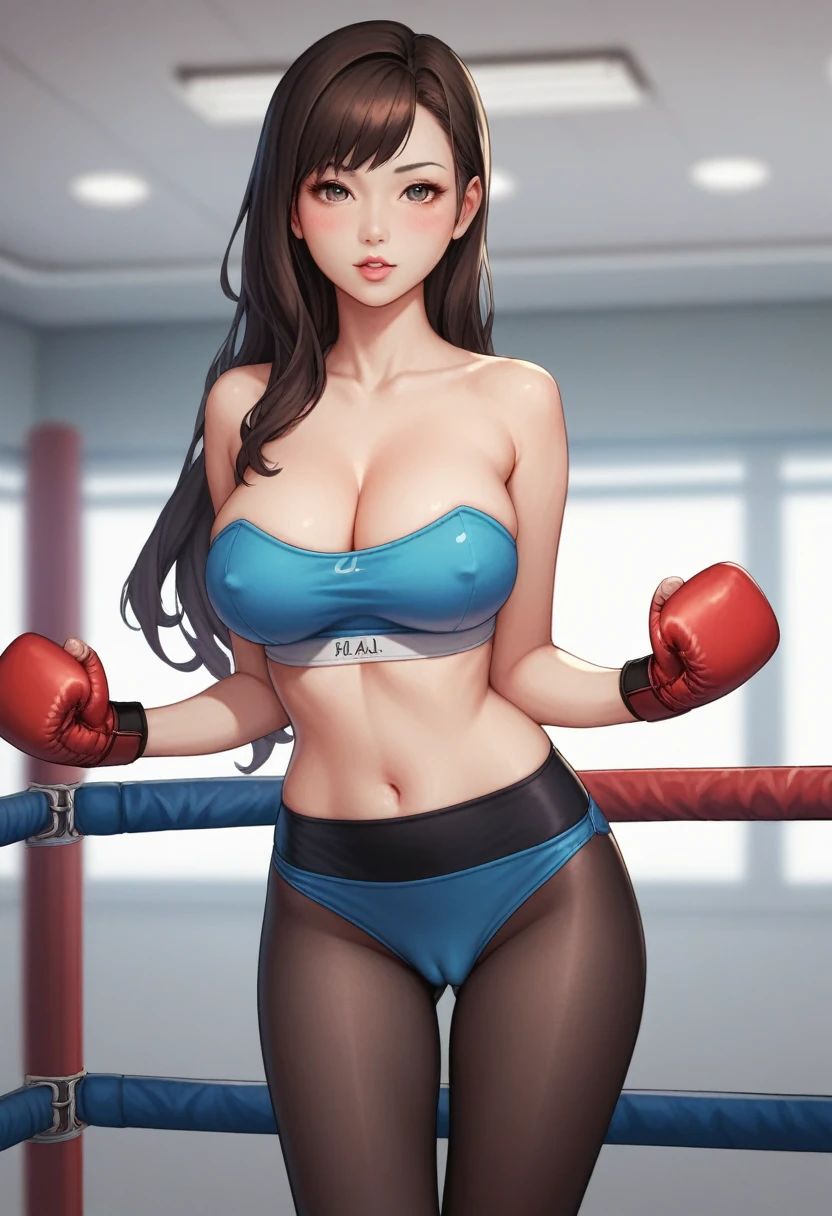 A slim Korean beauty,18 years old,Good shape,Pretty Face,detailed picture, blush,Light long hair, Wearing a strapless sports bra, Wearing black tights, Wearing fingerless boxing gloves, Standing alone in a sexy pose in the boxing ring,Large Breasts,Cleavage,Thin legs,nipple,Camel toe