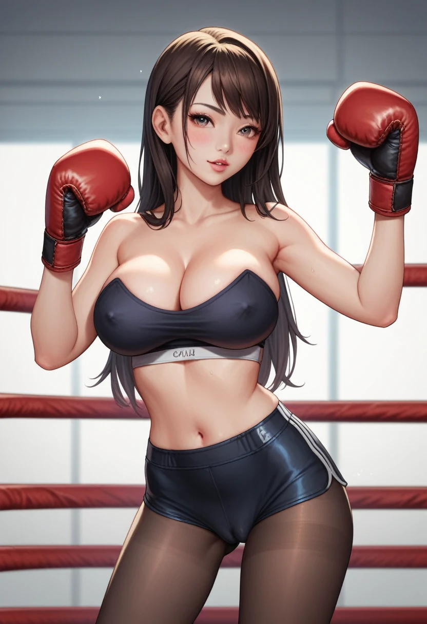 A slim Korean beauty,18 years old，Good shape，Pretty Face，detailed picture, blush，Light long hair, Wearing a strapless sports bra, Wearing black tights, Wearing fingerless boxing gloves, Standing alone in a sexy pose in the boxing ring，Large Breasts,Cleavage,Thin legs，nipple，Camel toe