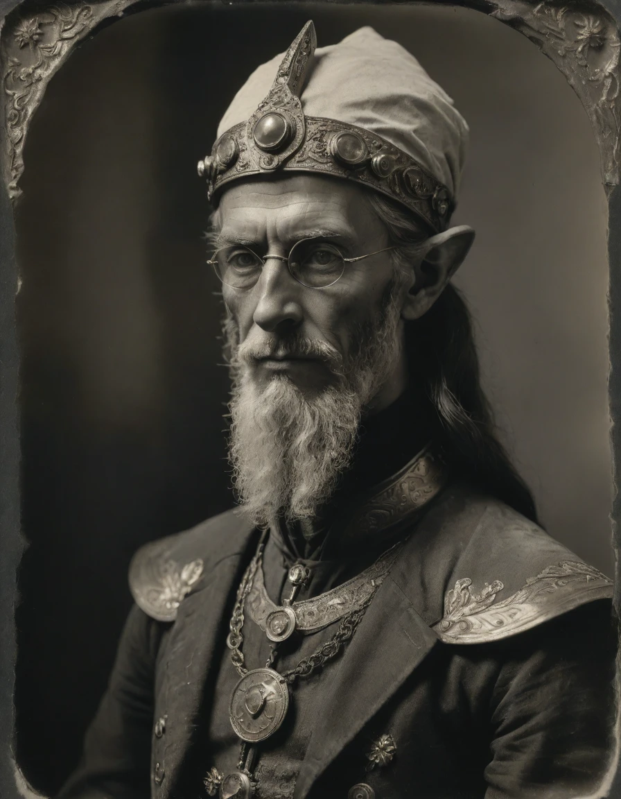 ((((Masterpiece, daguerreotype on old paper, monochrome)))), by Moebius, by Théodore Géricault, the composition is: ((((30 year old male high elf scientist, tan, elf ears, Assyrian beard, sullen, magnificent, he is wearing Mesopotamian costume with Steampunk elements, googles, sashes, medals, pendants)))).
