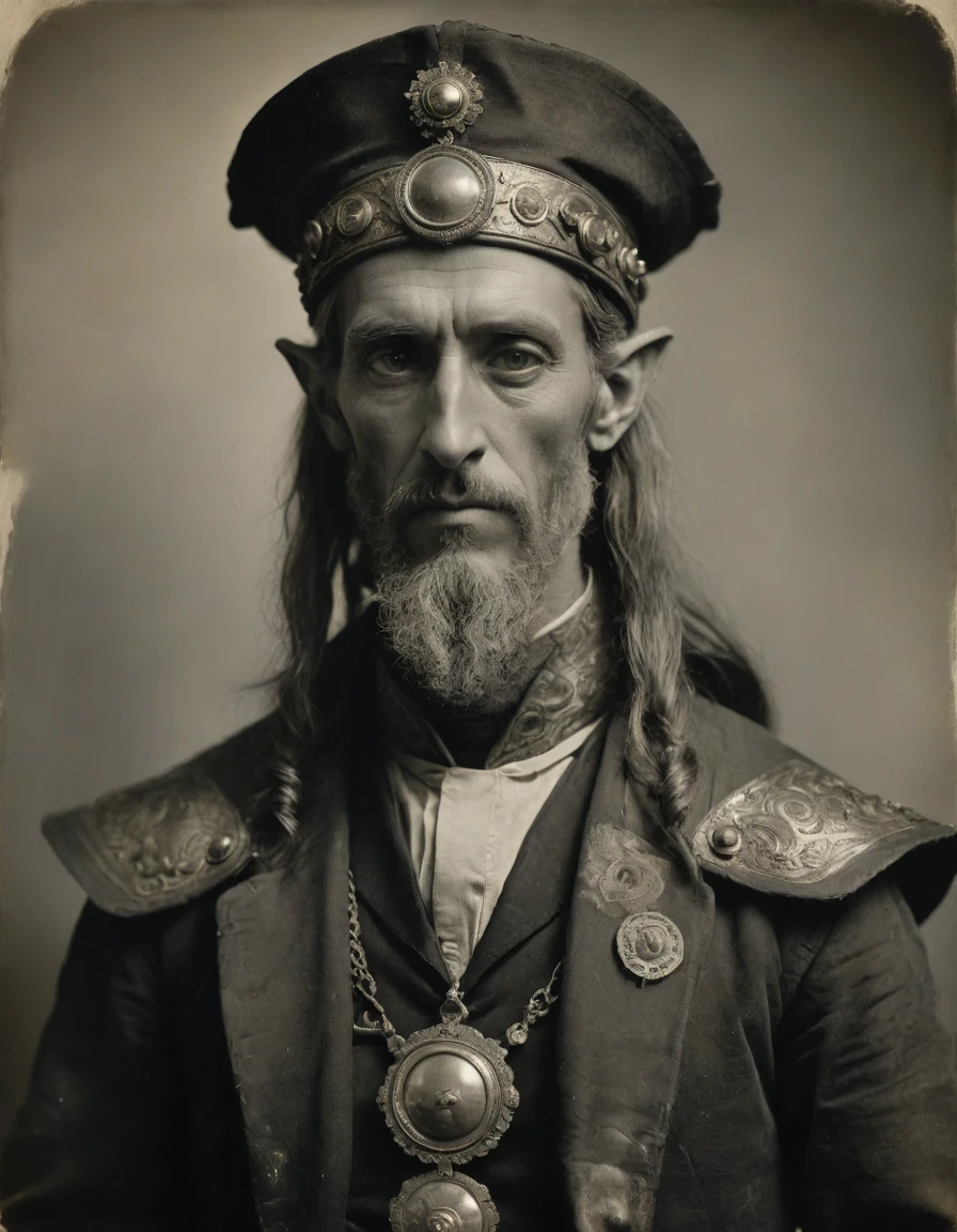 ((((Masterpiece, daguerreotype on old paper, monochrome)))), by Moebius, by Théodore Géricault, the composition is: ((((30 year old male high elf scientist, tan, elf ears, Assyrian beard, sullen, magnificent, he is wearing Mesopotamian costume with Steampunk elements, googles, sashes, medals, pendants)))).
