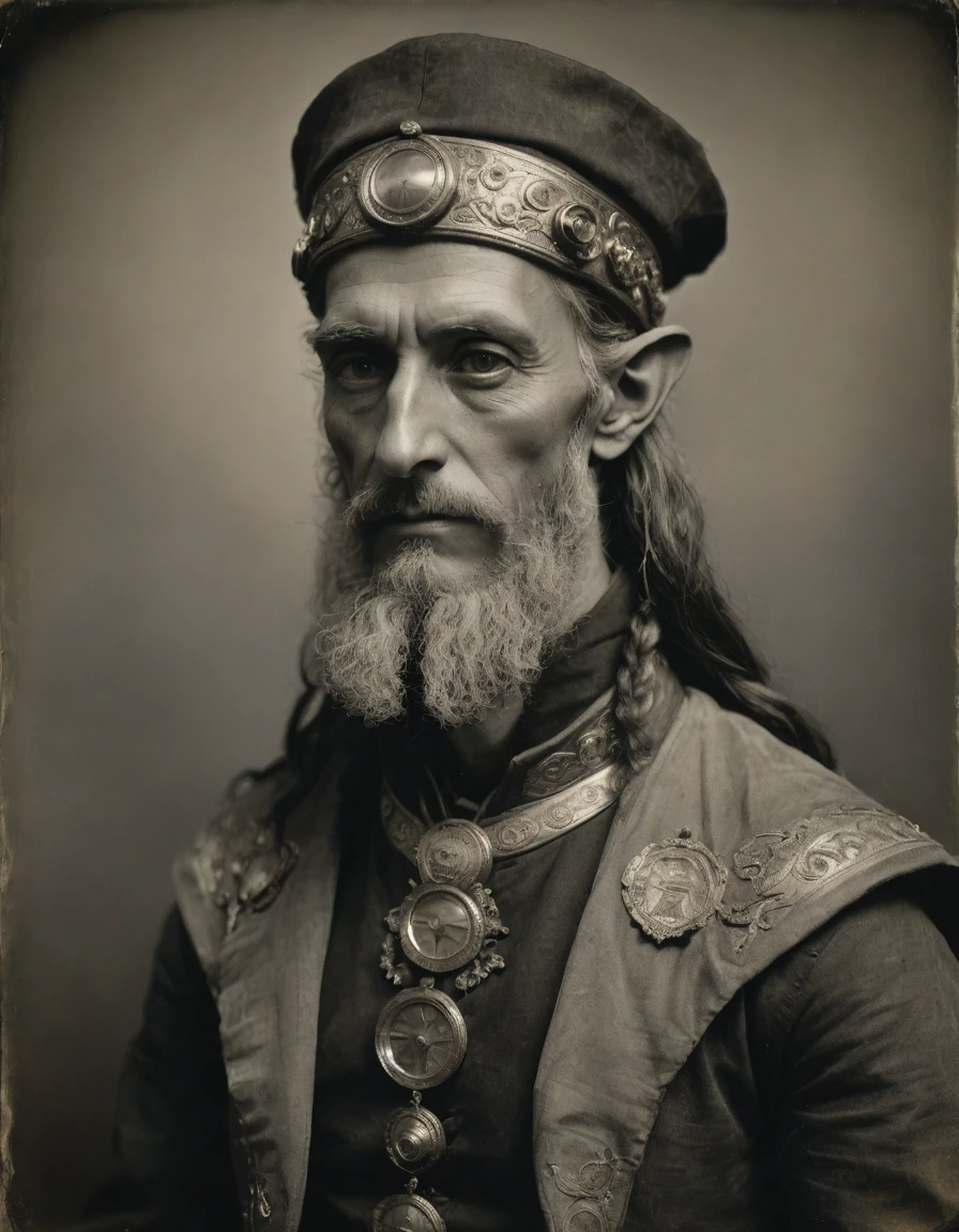 ((((Masterpiece, daguerreotype on old paper, monochrome)))), by Moebius, by Théodore Géricault, the composition is: ((((30 year old male high elf scientist, tan, elf ears, Assyrian beard, sullen, magnificent, he is wearing Mesopotamian costume with Steampunk elements, googles, sashes, medals, pendants)))).