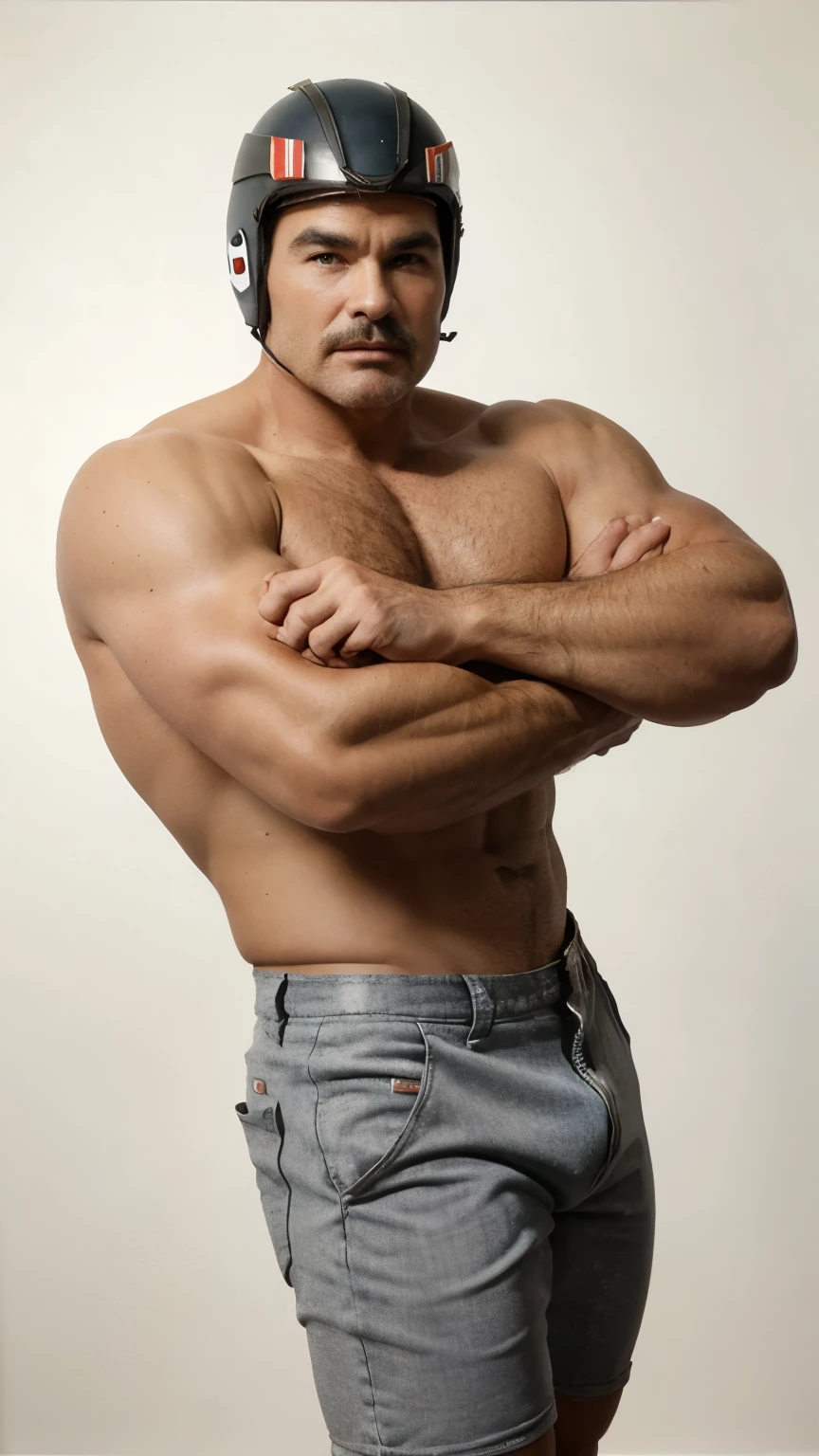 1950s watercolor, Pen and Ink, 30 yo bodybuilder Burt Reynolds in retro fashion, pin-up style, full body shot, bulging hairy chest, polyester shorts, muscular legs, dynamic bodybuilding pose, depiction of rural life, light gray and light brown and red and white and blue, in the style of classical Americana, ww1 airplane, leather pilot helmet, mottled, playful roughness, dotted, cutout from white background, in the style of Andrew Loomis, masterpiece art work,