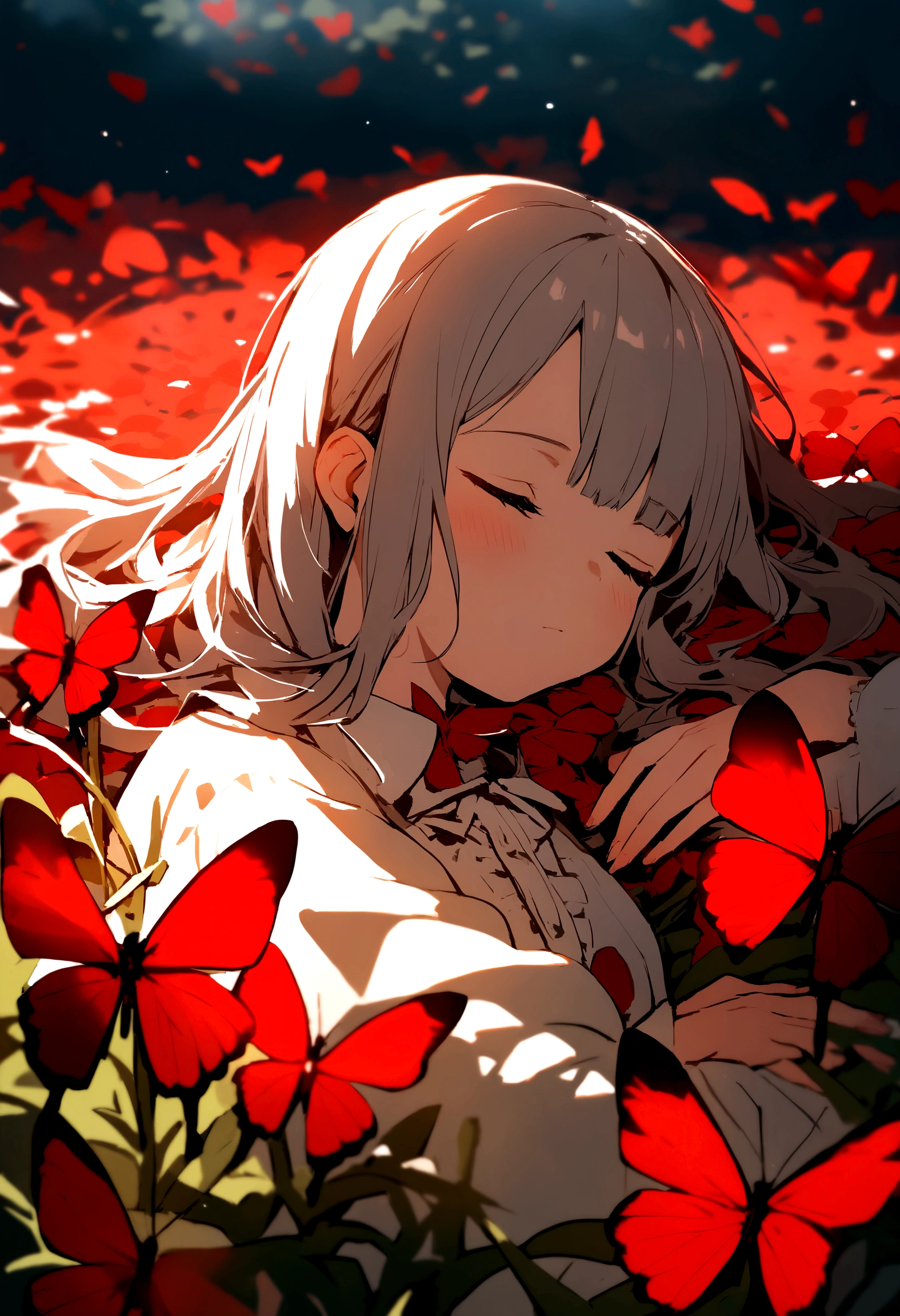 Girl sleeping in a field of red butterflies 