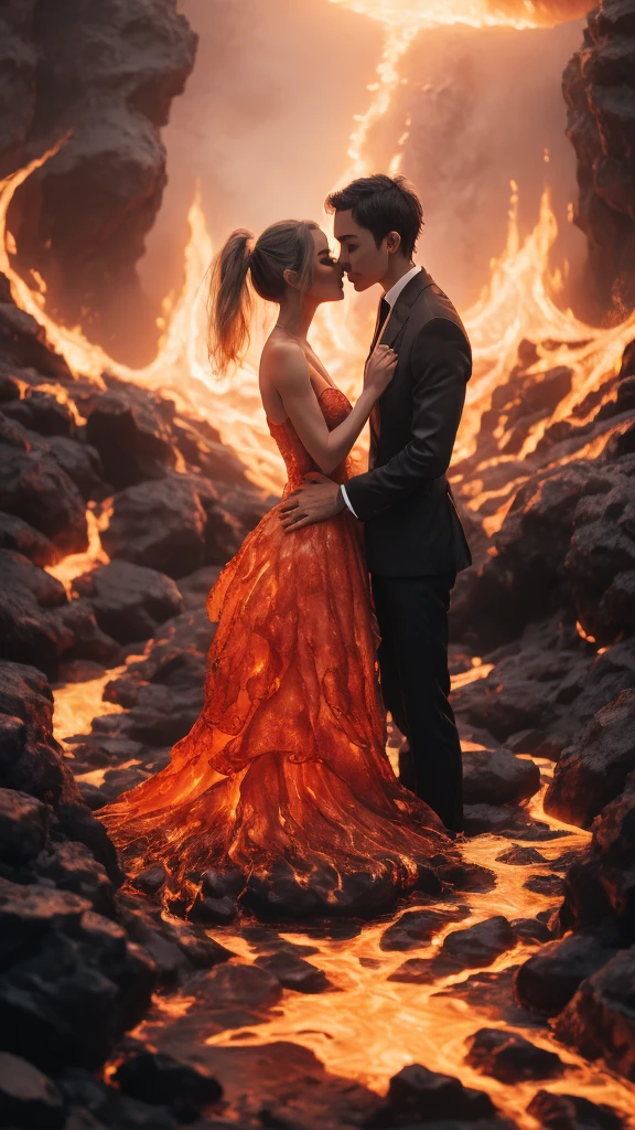 masterpiece，Highest quality，Rich in details，high resolution，flame/fiery的焰/flame，Dynamic Scene Scale 1.3，Romantic couple kissing in the fire，Firestorm，on fire，Bizarre fantasy image，Excellent skin texture，Magic Circle，Casting a Spell，strange，紫色strength，strength，fiery，meteor。