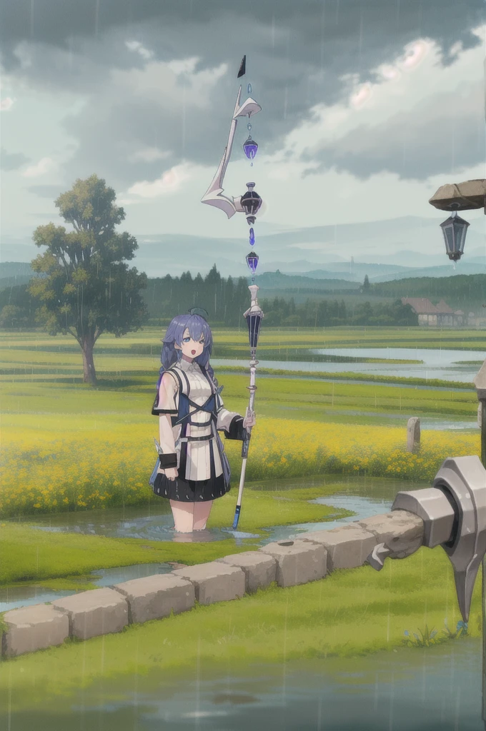 (Masterpiece:1.4), (Best Quality:1.4), (((pixel perfect, perfect detail))), 1 girl, Alone, roxy migurdia, blue fur, wide, hair between the eyes, braid, He drowned, Blue eyes, small breasts, white shirt with solarium, long sleeves, wide sleeves, white capelet, black skirt, White boots, (Assistant Staff, retention staff, cast spell, floating clothing, by the floating, water magic, dark cloud, Heavy Rain, Serious, Open mouth:1.45), (dead:1.3), (outdoor, Meadow, tree:1.35), (detailed:1.3), Department, Department colors, 2D, (cheered up:1.45), head on