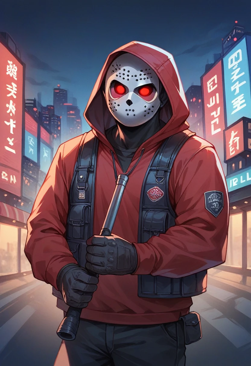 Bandit, Red hoodie with a hood, hockey mask, Red eyes, in a bulletproof vest, holds a stack of bills in his hand, with the city in the background, Evening, city lights, gta, crime theme, good quality