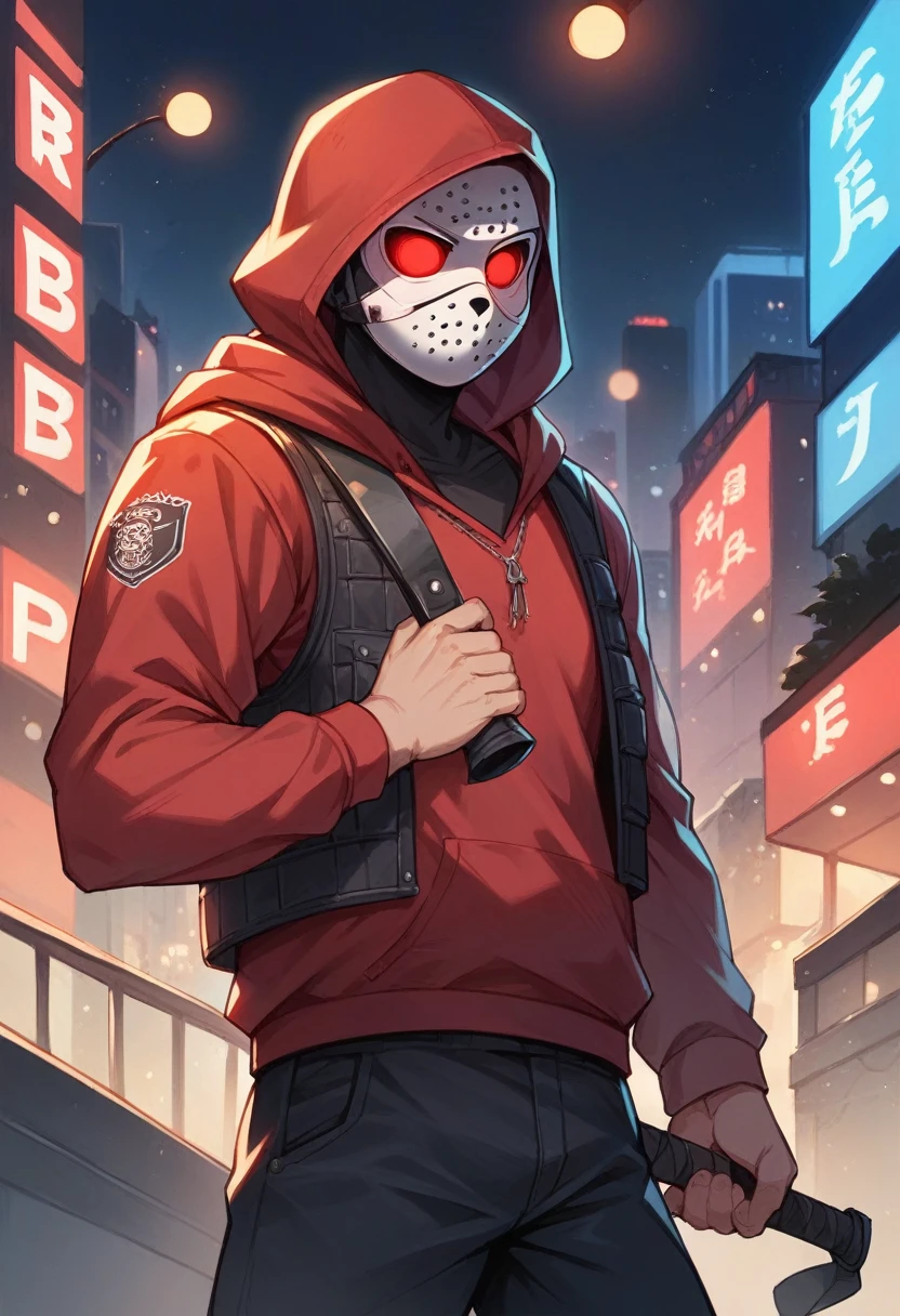 Bandit, Red hoodie with a hood, hockey mask, Red eyes, in a bulletproof vest, holds a stack of bills in his hand, with the city in the background, Evening, city lights, gta, crime theme, good quality
