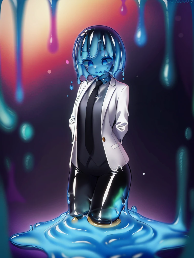(slime girl, masculine face, short hair), office background, tie, shirt, slime business suit, horrified, blue slime, slime girl, slime transformation, transparent slime, best quality, 4k, 8k, highres, masterpiece:1.2, ultra-detailed, realistic, photorealistic, photo-realistic:1.37, HDR, UHD, studio lighting, ultra-fine painting, sharp focus, physically-based rendering, extreme detail description, professional, vivid colors, bokeh, horror, sci-fi
