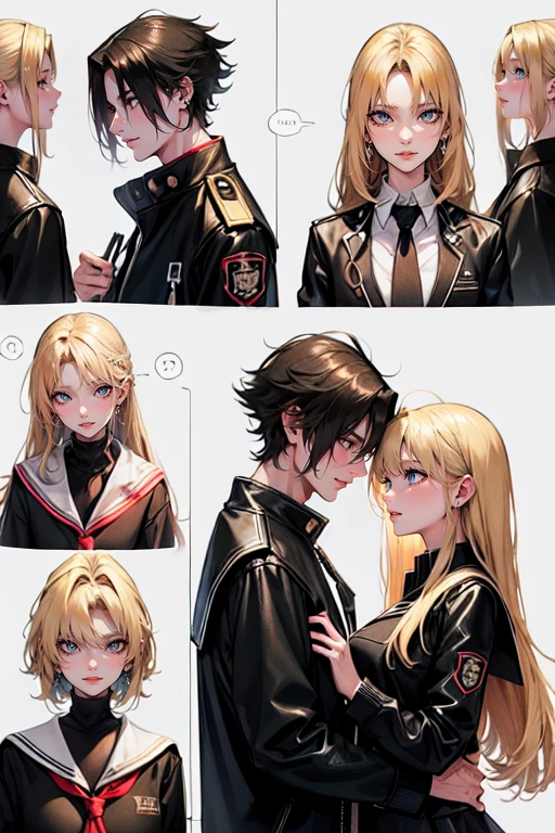 (tall man,(man is taller than me woman) messy black-haired man wearing a , is a student, with his hands in his pockets.),(a thin woman, long blonde hair, woman has green eyes, cheerleader) best quality, adorable, ultra-detailed, illustration, complex, detailed, extremely detailed, detailed face, soft light, soft focus, perfect face. In love, illustration. two people, couple: make them into a comic strip looking at eachother 