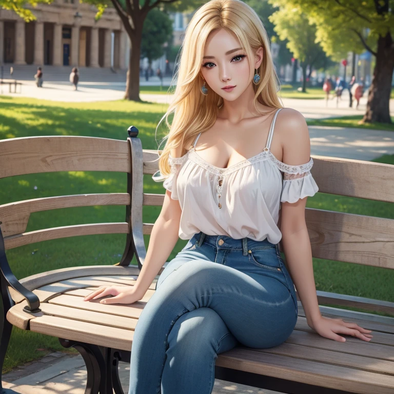 (best quality,4K,8K,high resolution,masterpiece:1.2),Extremely detailed, Blonde Greek woman sitting on a park bench, yangmi, promote, permeance, blue eyes, jeans, Women&#39;s shirts, Human Development Report, 8K, absurd, cinestill 800, Clear focus