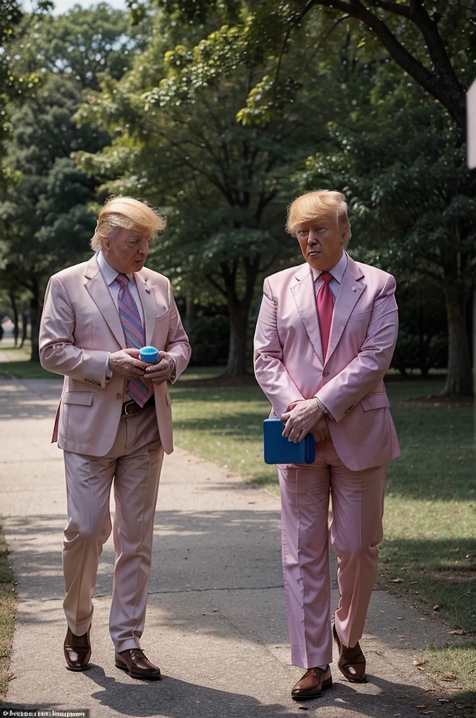 Donald Trump in a clown outfit while drinking a baby's milk pacifier and wearing a pink suit and carrying a magic box walks in the park