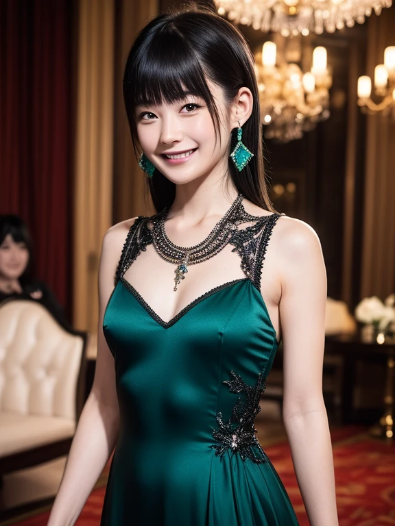 (Ultra-high resolution), (masterpiece), (Attention to detail), (high quality), (最high quality), ((Upper Body Shot)) , Blunt bangs, Black Hair, elegant, Evening Dresses, luxury, Ballroom, chandelier, Emerald green, satin, Grace, confidence, hole, grin, Cowboy Shot