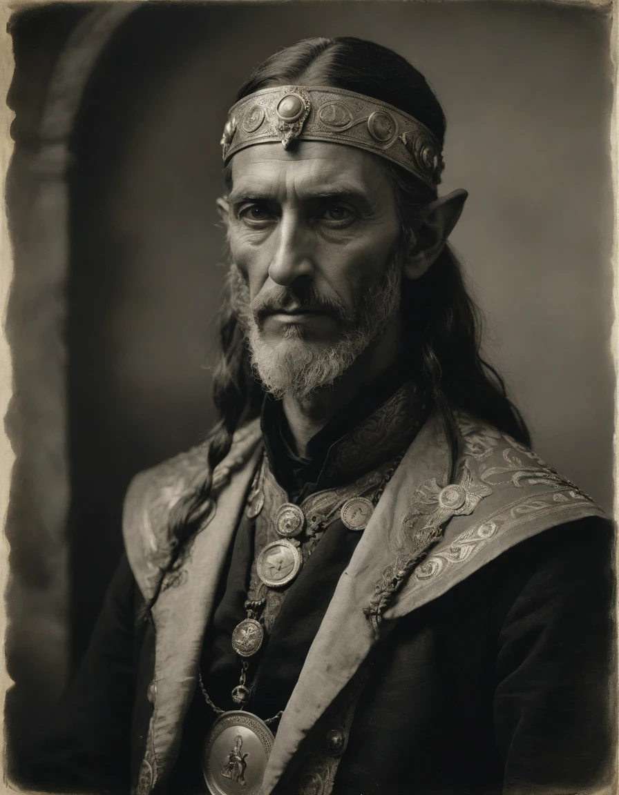 (((Masterpiece, daguerreotype on old paper, monochrome))), by Moebius, by Théodore Géricault, the composition is: ((40 year old male Byzantine high elf scientist, tan, elf ears, Assyrian beard, sullen, magnificent, he is wearing art déco costume with Steampunk elements, sashes, medals, pendants))