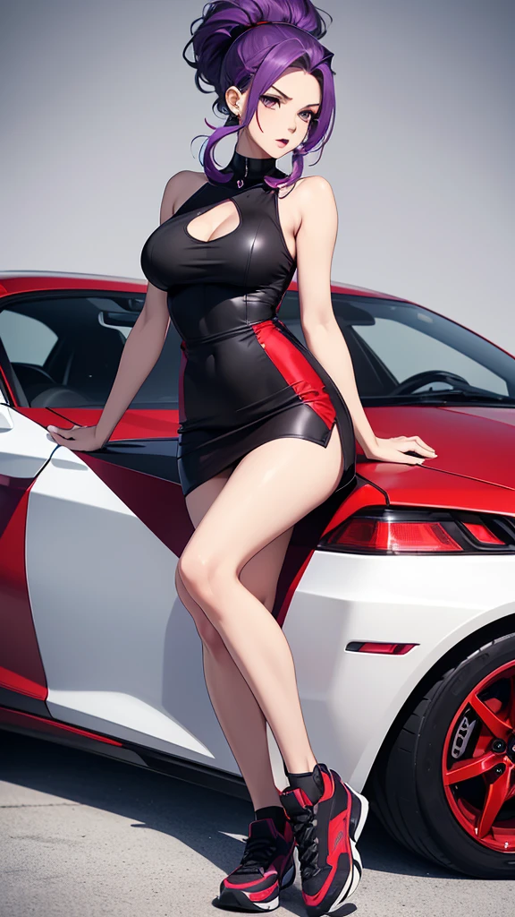 8k, beautiful woman, whole body, high volume hair, split pompadour, purple hair10, black blouse 10 sleeveless, red miniskirt 10, two bare legs, two bare arms, sports shoe, luxury car, Open mouth, slanted eyes, perfect body.