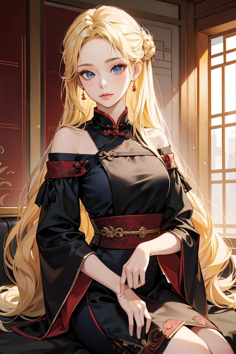 1girl, 30 years old, Chinese, cultivators chinese dress, black dress, off-the-shoulder, blonde hair, long hair, blonde, blue eyes, sexy, seductive, good fingers