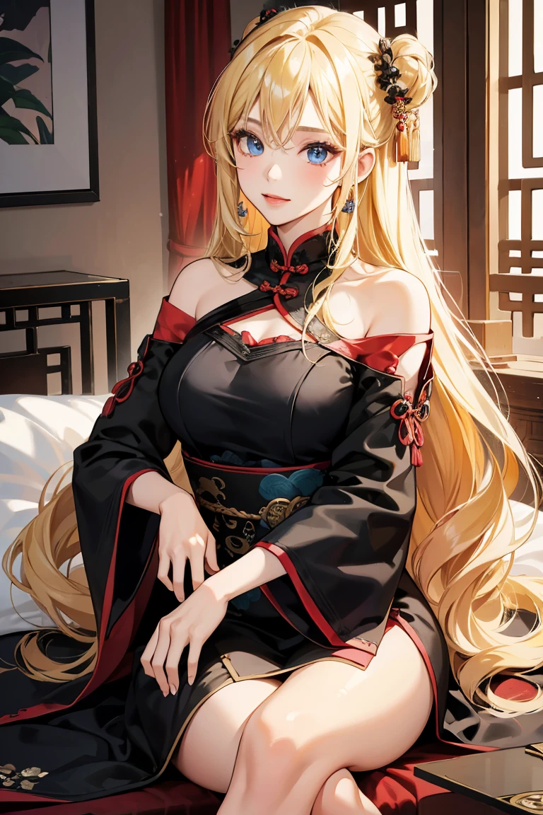 1girl, 30 years old, Chinese, cultivators chinese dress, black dress, off-the-shoulder, blonde hair, long hair, blonde, blue eyes, sexy, seductive, good fingers