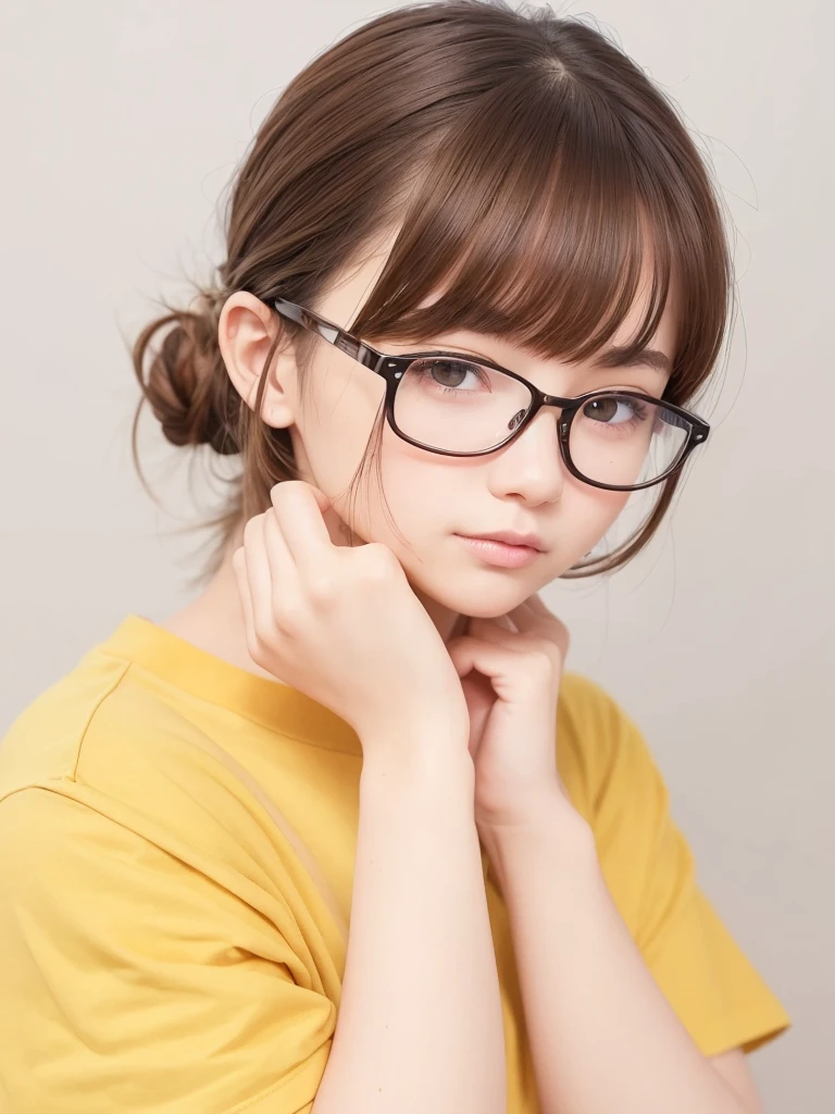 1girl, masterpiece, high_quality, yellow_shirt, glasses, brown_hair