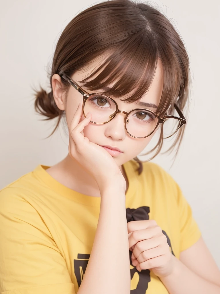 1girl, masterpiece, high_quality, yellow_shirt, glasses, brown_hair
