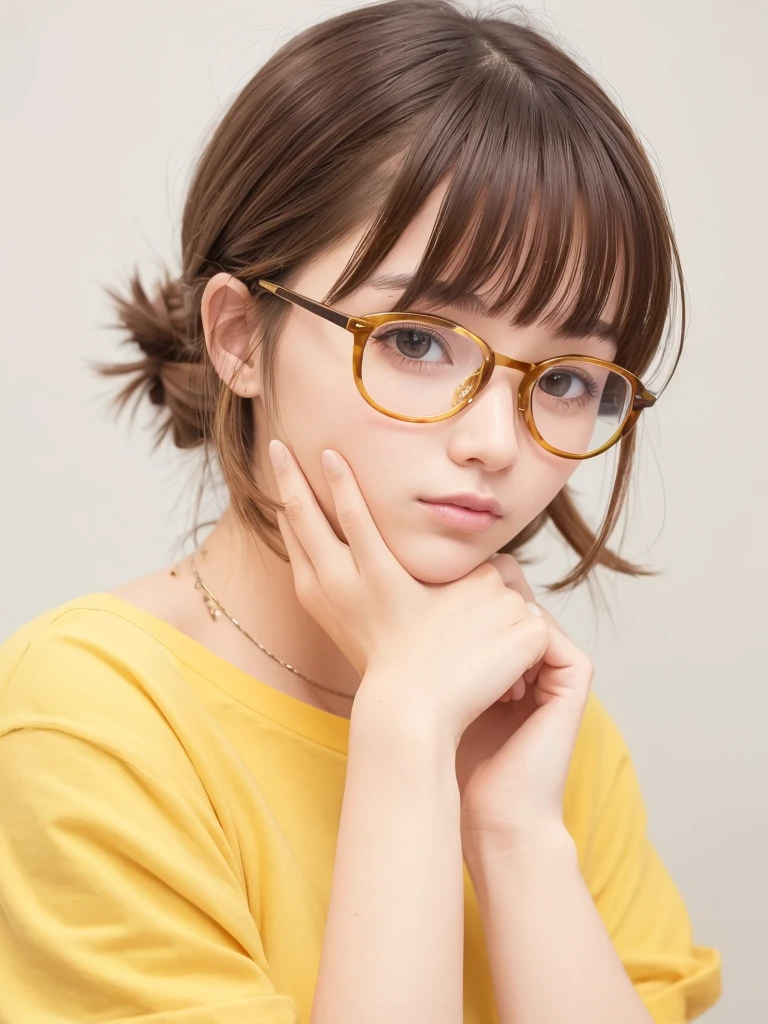1girl, masterpiece, high_quality, yellow_shirt, glasses, brown_hair