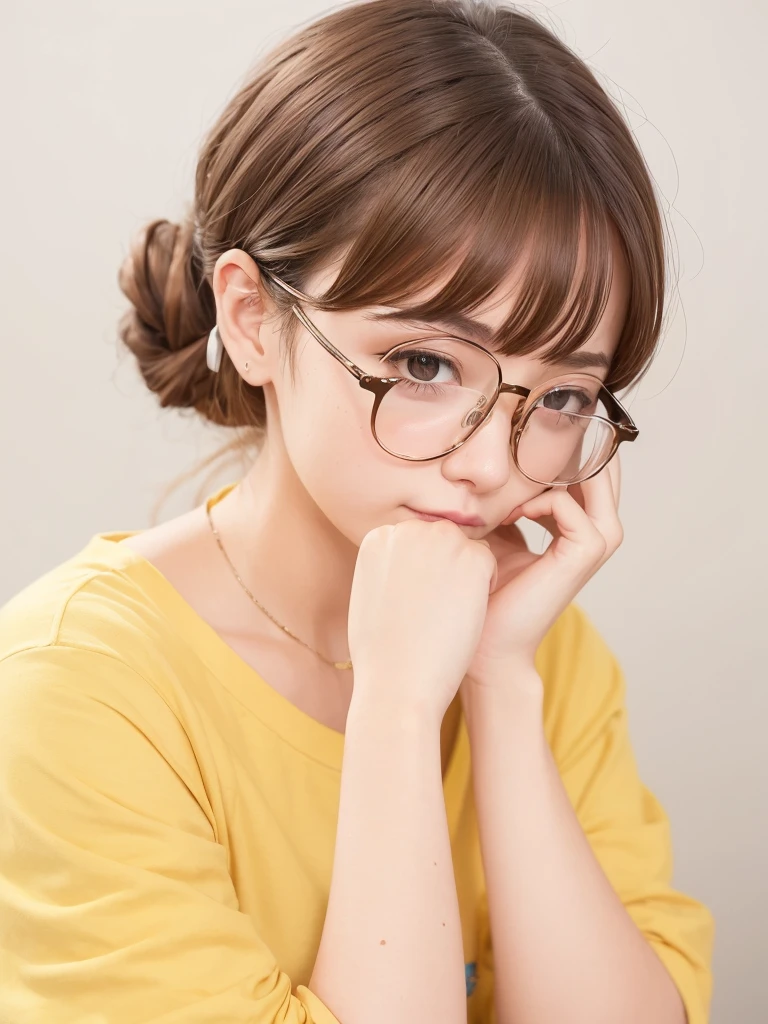 1girl, masterpiece, high_quality, yellow_shirt, glasses, brown_hair