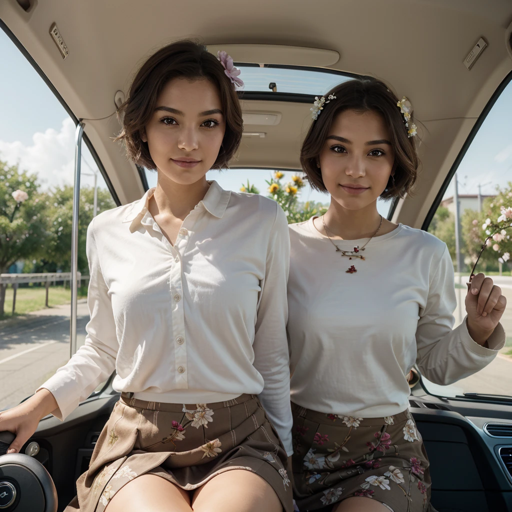 Masterpiece, Best Quality, 1 girl, Alone, short_Hair, looking_in_viewer, dorado Hair, light brown eyes, SMILE, Skirt, shirt, long_sleeves, dress, bow, tinincia, closed_boca, flower, steering wheels, Hair_flower, Petals, branch, tinincia_flower, cintro_steering wheels, hood, tinincia_branch, Tachi-e, whole body, White background,