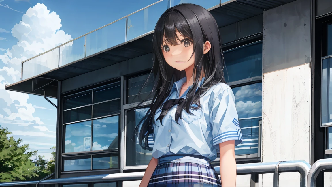 The background is a midsummer blue sky and cumulonimbus clouds、A high school girl is standing in a summer uniform with a checked skirt、Her hairstyle is long black hair