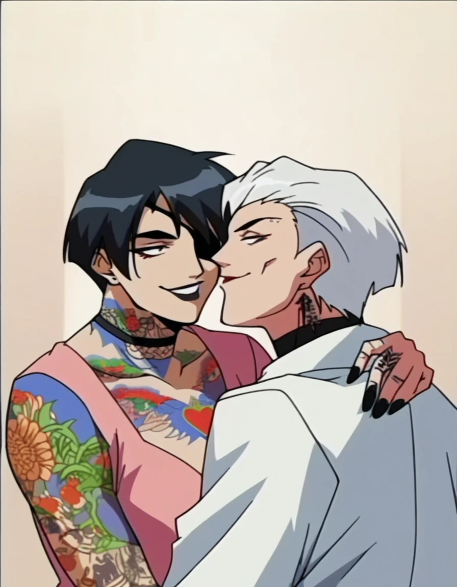 2 woman, tall white hair woman, white short hair, tall woman, eyepatch, white suit, black lipstick, golden chocker, tattoos, kissing mouuth, huging with a japanese woman, long straight black hair, black chocker, long black necklaces, pink suit, tattoos, black mouth, smile