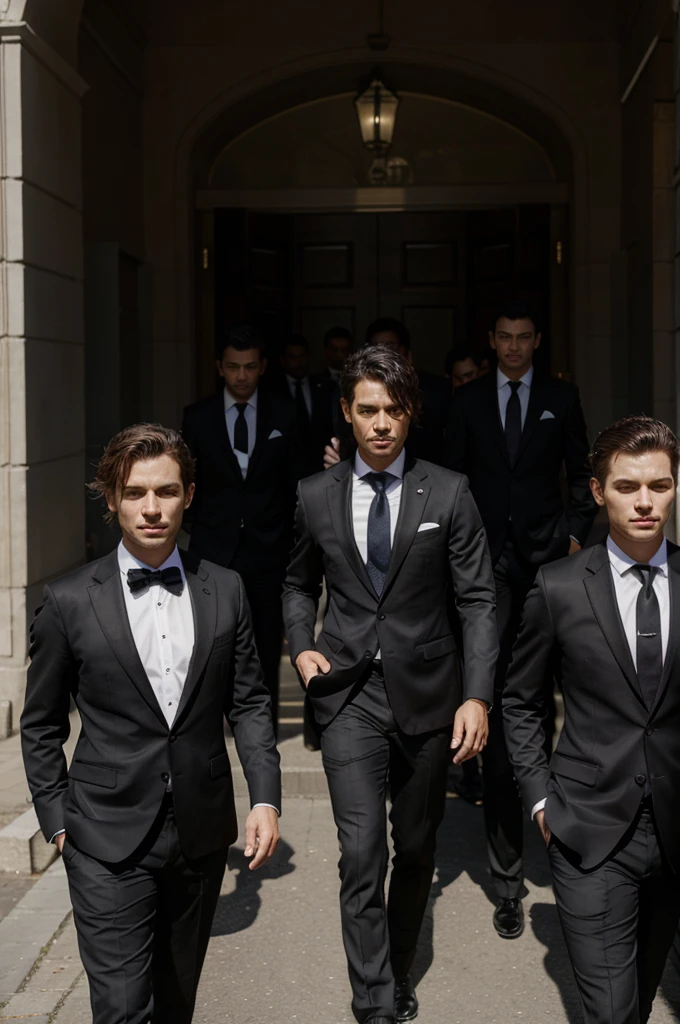 A group of people in black suits and wearing bandanas