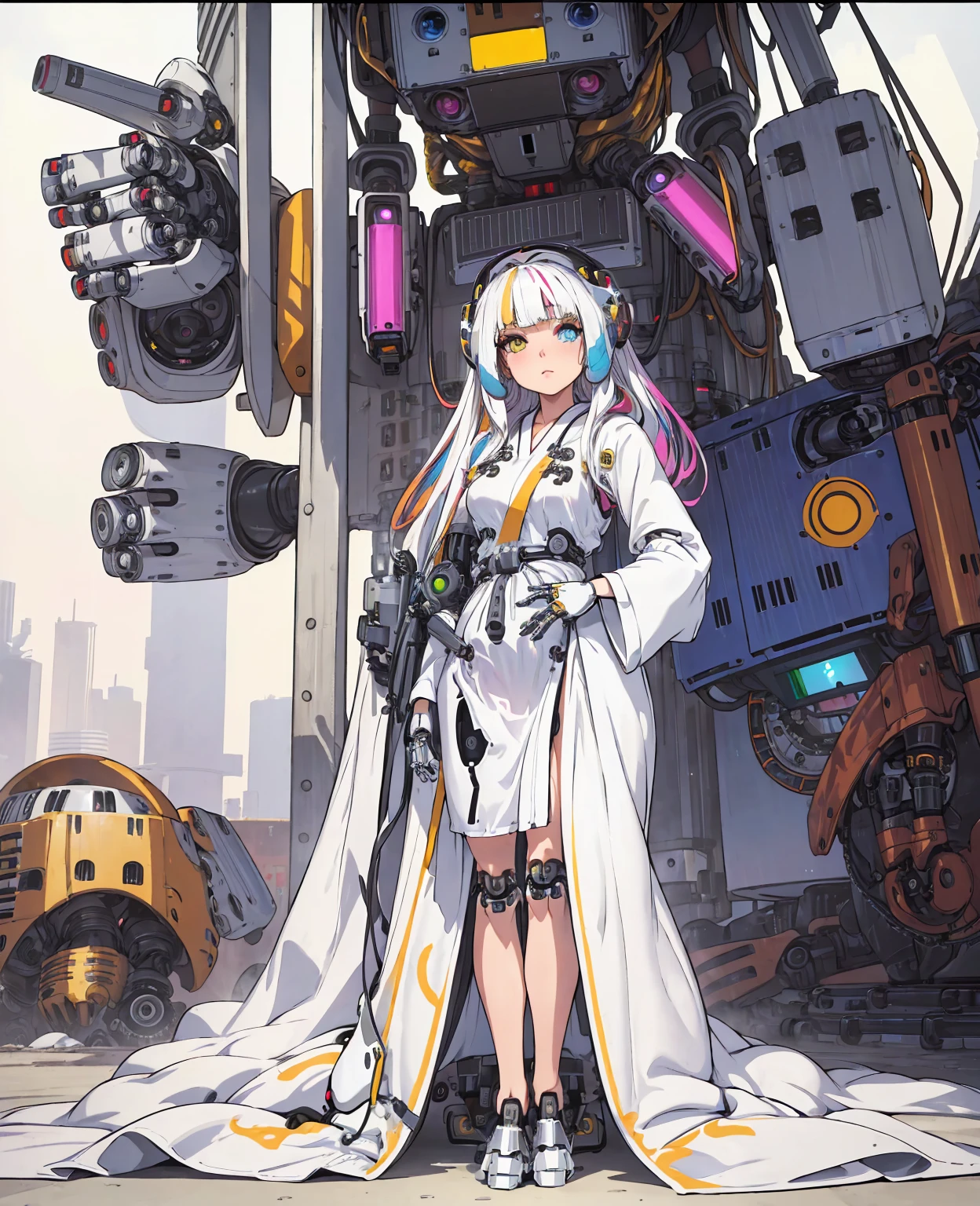 (masterpiece:1.4), (artwork:1.2), (soft and simple colors:1.2), (mechanical arms:1.1), (heterochromia+multicolored:1.33), (1girl:1:1), (long white hair with bangs), (portrait:1:1), (best disinger), (wearing robotic+technological robes:1:2), (extremely drawn eyes:1.3), (well-made iris+painted+perfection:0.8)0.7], (extremely detailed CG 8k unit wallpaper0.6), (machine shop scenario:1:1)