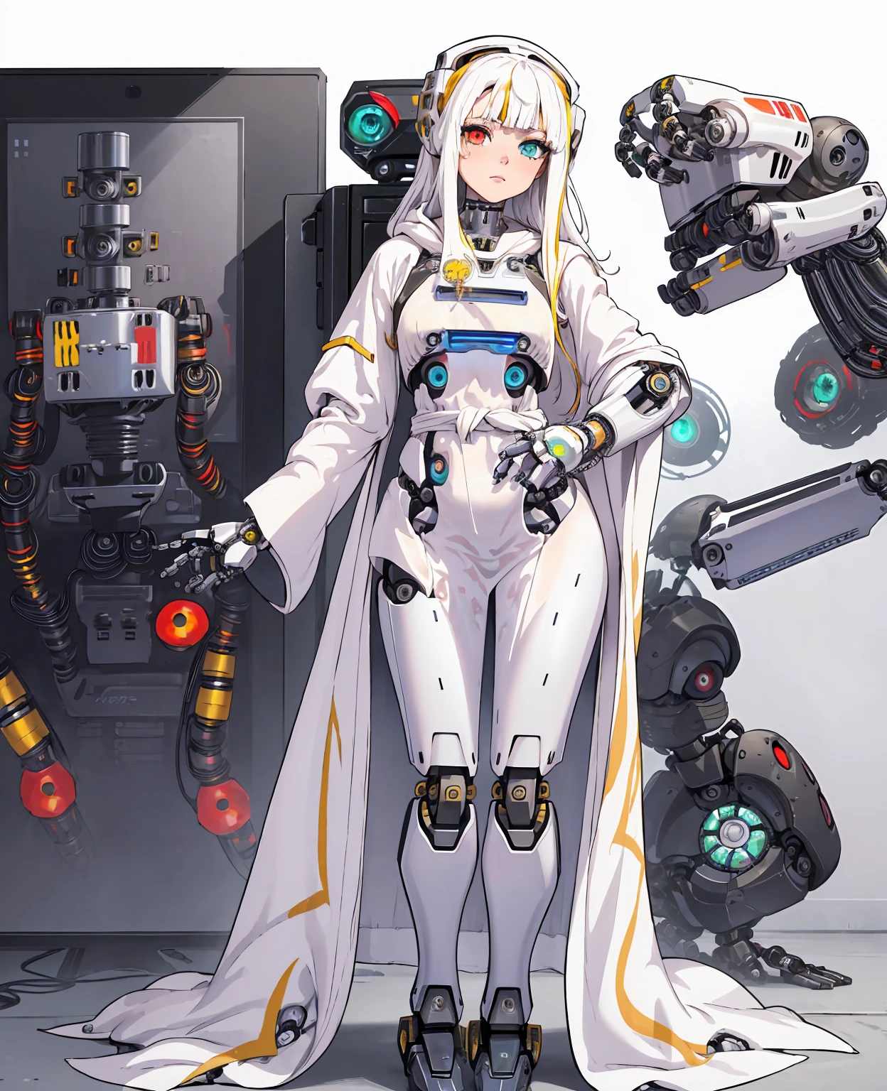(masterpiece:1.4), (artwork:1.2), (soft and simple colors:1.2), (mechanical arms:1.1), (heterochromia+multicolored:1.33), (1girl:1:1), (long white hair with bangs), (portrait:1:1), (best disinger), (wearing robotic+technological robes:1:2), (extremely drawn eyes:1.3), (well-made iris+painted+perfection:0.8)0.7], (extremely detailed CG 8k unit wallpaper0.6), (machine shop scenario:1:1)
