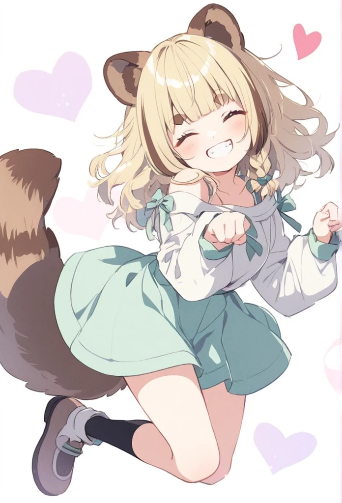 anime,(pale colors:1.8),long shot, 1girl, (on right:1.3), full body, solo, grin, smile, closed eyes, dynamic angle, jumping high, paw pose, fang, tongue, light yellow hair, racoon ears, racoon tail, (brown streaked hair:1.3), side braid, (blunt bangs), wavy hair,thick eyebrows, off shoulder clothes, cutout, heart background,