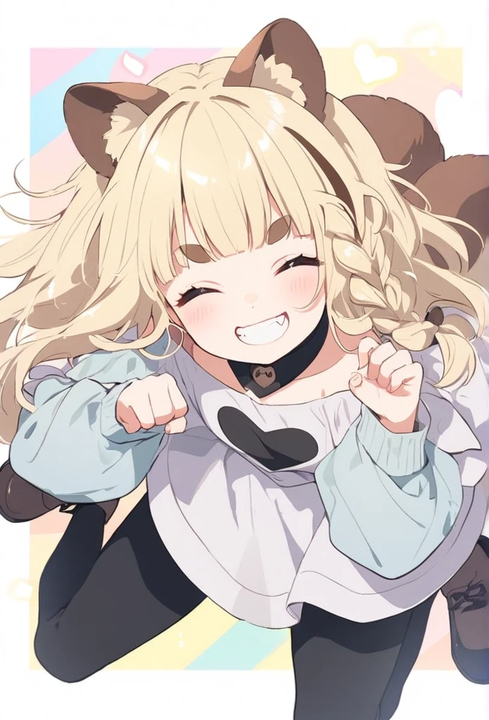 anime,(pale colors:1.8),long shot, 1girl, (on right:1.3), full body, solo, grin, smile, closed eyes, dynamic angle, jumping high, paw pose, fang, tongue, light yellow hair, racoon ears, racoon tail, (brown streaked hair:1.3), side braid, (blunt bangs), wavy hair,thick eyebrows, off shoulder clothes, cutout, heart background,