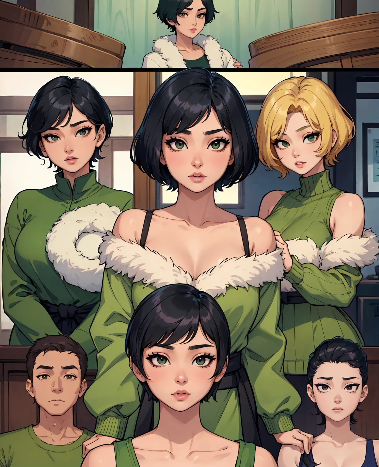 arafed asian woman with short hair and a green sweater, young adorable korean face, portrait of female korean idol, beautiful young korean woman, cute korean actress, with short hair, female actress from korea, gorgeous young korean woman, young cute wan asian face, beautiful south korean woman, korean symmetrical face, girl cute-fine-face, korean girl, korean woman
