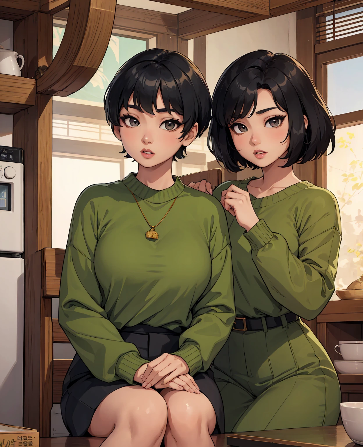 arafed asian woman with short hair and a green sweater, young adorable korean face, portrait of female korean idol, beautiful young korean woman, cute korean actress, with short hair, female actress from korea, gorgeous young korean woman, young cute wan asian face, beautiful south korean woman, korean symmetrical face, girl cute-fine-face, korean girl, korean woman