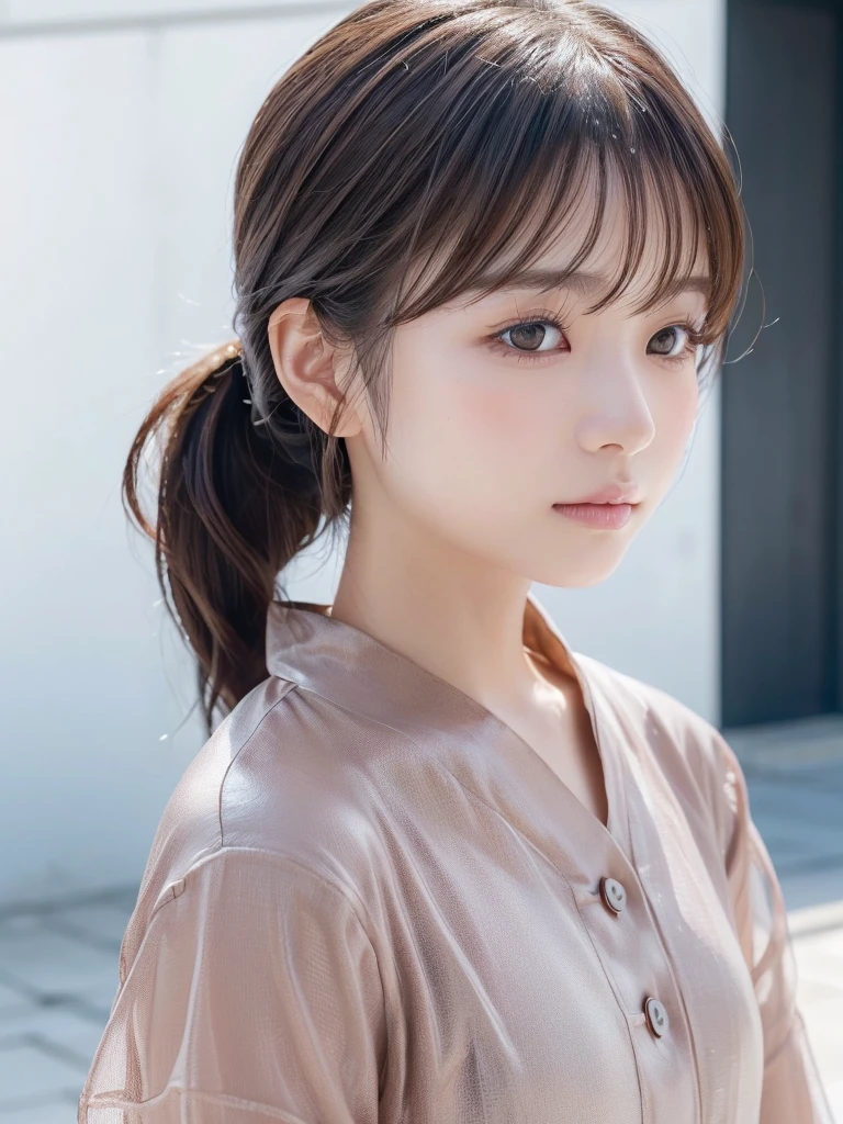 Thin pubic hair((Highest quality、8K、masterpiece:1.3))((Perfect glowing skin,Perfect Skin)) Browsing Caution Realistic Bright room White Room White skin Brown Hair short hair Braid bangs Wearing a shirt