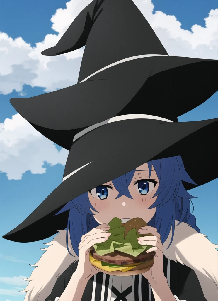 estilo mushoku tensei, roxy migurdia, 1 girl, hits, black hats, blue background, Blue eyes, blue fur, braid, brown layer, layer, close up, by the floating, hair between the eyes, has, wide, looking at the viewer, portrait, Alone, witch has, ((Masterpiece)), cloud, outdoor, head on , holding a hamburger