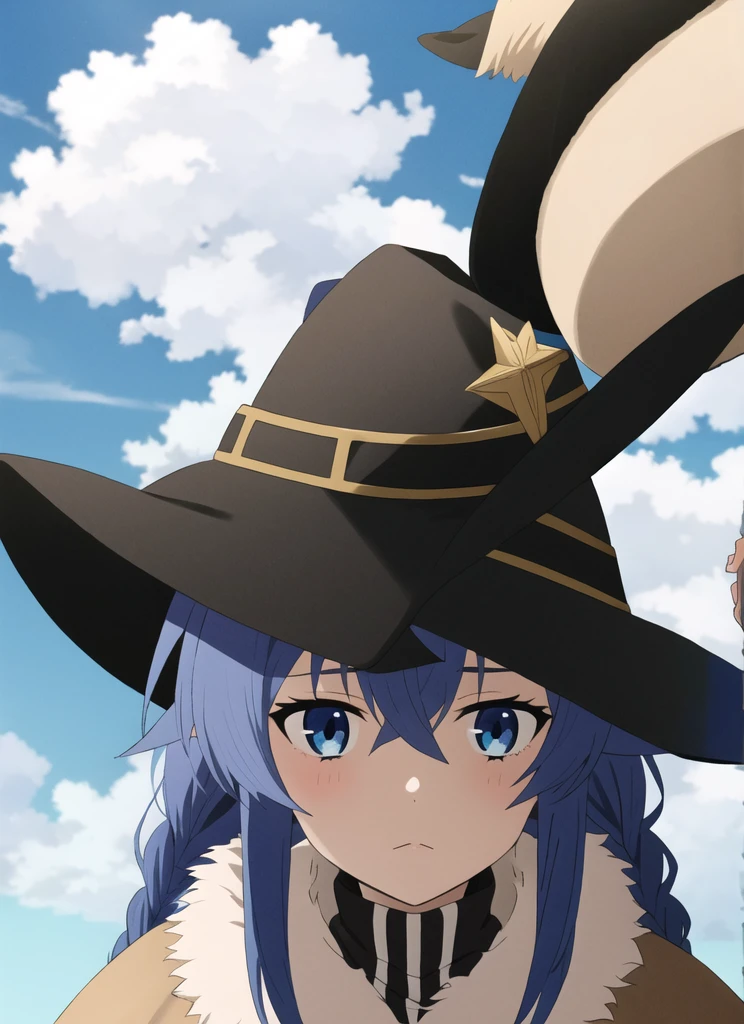 estilo mushoku tensei, roxy migurdia, 1 girl, hits, black hats, blue background, Blue eyes, blue fur, braid, brown layer, layer, close up, by the floating, hair between the eyes, has, wide, looking at the viewer, portrait, Alone, witch has, ((Masterpiece)), cloud, outdoor,    head on , holding a hamburger