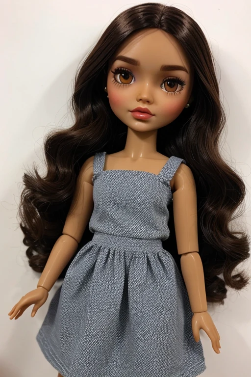 Do a blythe doll with dark eyes, brown straight hair no bangs, long lashes, brown skin, dark femenine vibes