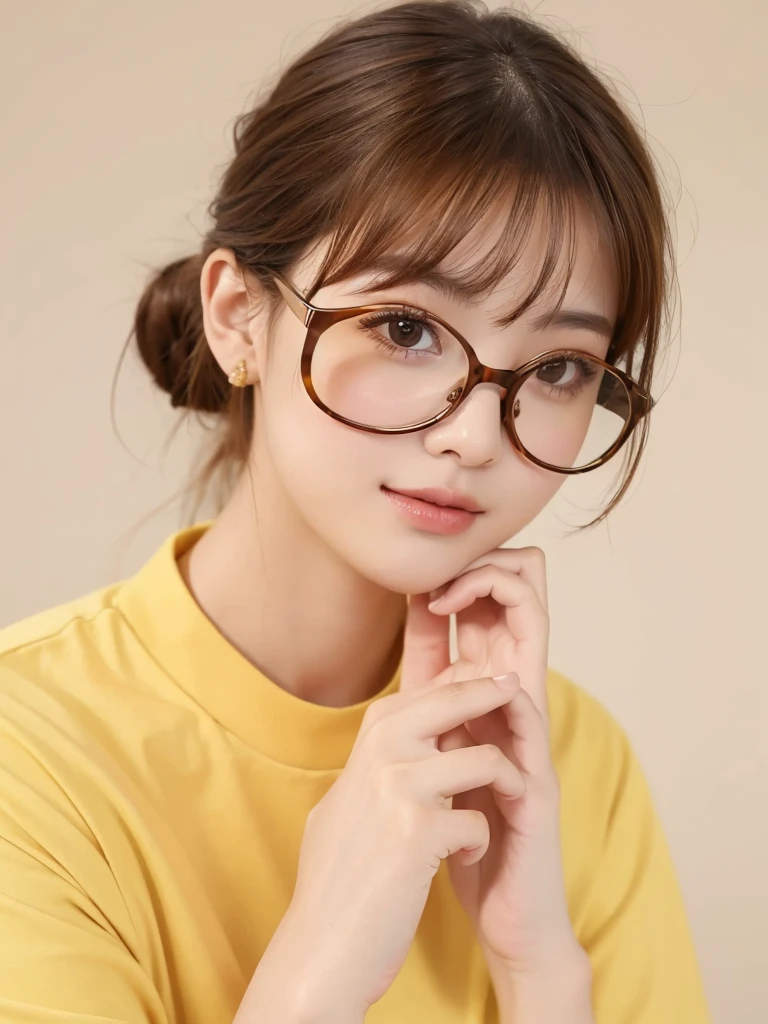 1girl, masterpiece, high_quality, yellow_shirt, glasses, brown_hair