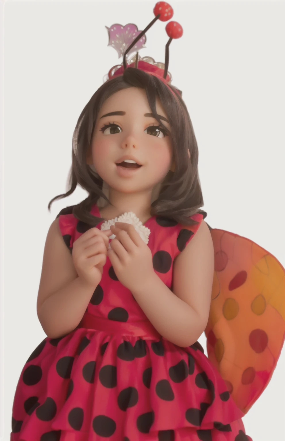 Create an HD image of a 2 year old girl, dressed as Disney princess Vanellope von Schweetz, eating a lollipop at your birthday party. The photo should capture the joy and fun of the moment, highlighting the detailed costume Vanellope is wearing. The party atmosphere should be colorful and festive, with a theme similar to the world of Vanellope's film, full of sweets, vibrant colors and decorations inspired by Sugar Rush. Include more cute and colorful elements in the white areas of the image to add an additional touch of charm and magic. The aesthetics should resemble the photos available on the Pexels website, with high quality and a magical touch.