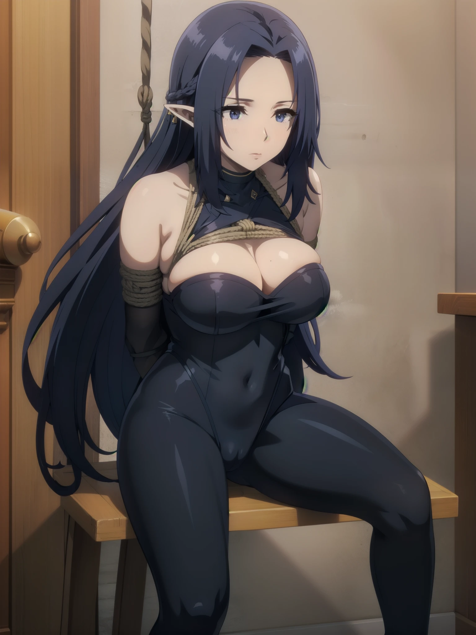 1girl, solo, suspension, down, rope, 1girl, bodysuit, bound arms, indoors, leotard, bdsm, shibari, arms behind back, restrained, navel, leaning forward, feet,dark blue hair,,long hair,blue eyes,pointy ears,elf
