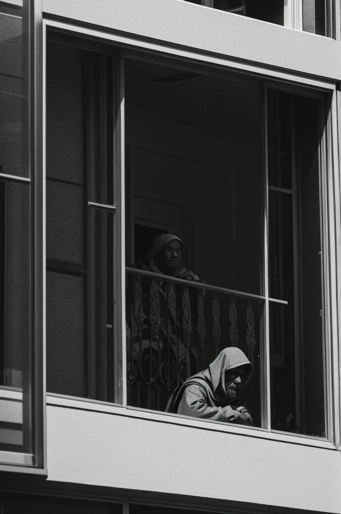 A king looking at the window as if the people were protesting and shouting about the war he caused with gray tones
