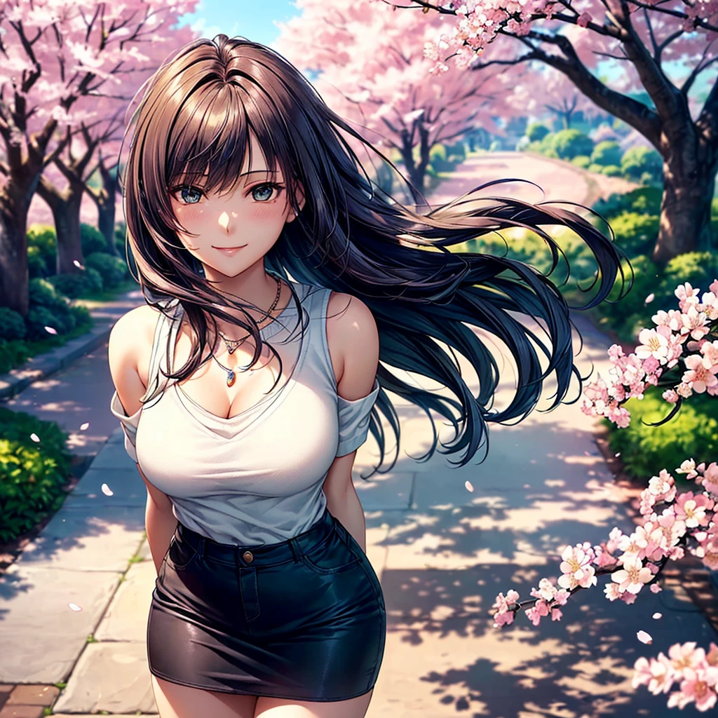 (highest quality images、masterpiece level、very high resolution、ultra high resolution,high quality details)、(A 24-year-old beautiful girl with perfect and ultimate beauty.,beautiful breasts and figure,beautiful body,beautiful face,Strong-willed eyes,has a bright smile:1.5)、(There are many variations of hairstyles,The bangs are neatly arranged,long straight hair on the sides,beautiful hair:1.2),realistic texture,Beautiful colors,(Wear a short-sleeved sweater,1 diamond necklace,wearing a miniskirt,Wearing clothes that expose the shoulders,Beautiful legs are visible,),(A path lined with flourishing cherry blossom trees,Cherry blossoms in full bloom,The wind is blowing,Hair flutters under the influence of the wind:1.2),(model pose,model shoot,Magazine shooting),(beautiful scenery,The whole body,accurate anatomy、highly detailed images、accurate image、Perfect Image 1.5)、beautiful anime woman, beautiful art style, anime characters、(Overall image、detailed picture、Defect-free images、Natural light、beautiful images),(Best Shot 1.2)