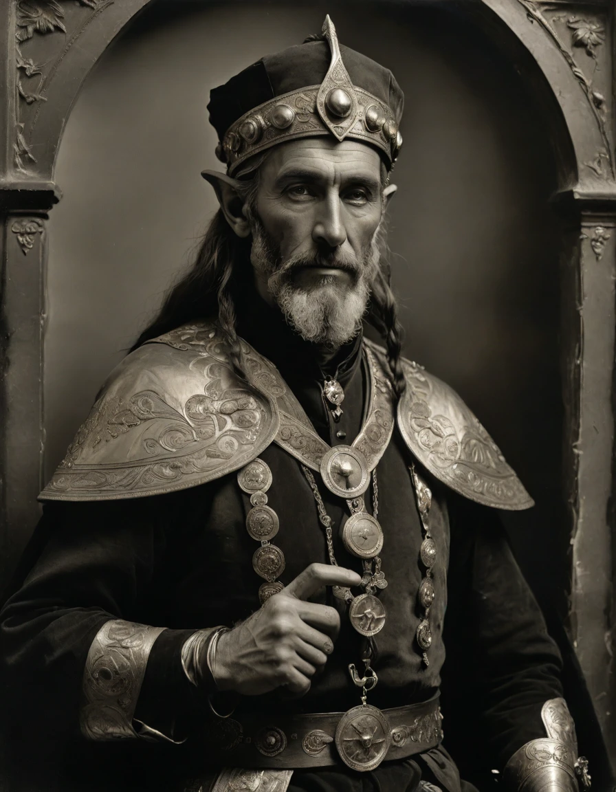 (((Masterpiece, daguerreotype on old paper, monochrome))), by Moebius, by Théodore Géricault, the composition is: ((40 year old male Byzantine high elf scientist, tan, elf ears, Assyrian beard, sullen, magnificent, he is wearing art déco costume with Steampunk elements, sashes, medals, pendants))