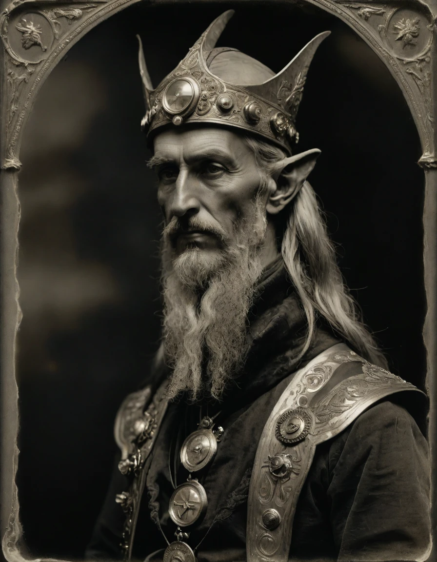 (((Masterpiece, daguerreotype on old paper, monochrome))), by Moebius, by Théodore Géricault, the composition is: ((40 year old male Byzantine high elf scientist, tan, elf ears, Assyrian beard, sullen, magnificent, he is wearing art déco costume with Steampunk elements, sashes, medals, pendants))
