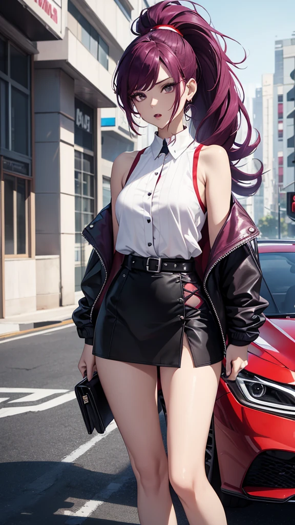 8k, beautiful woman, whole body, hair ponytail,, split pompadour, red purple hair 10, white blouse 10 sleeveless, black miniskirt 10, two bare legs, two bare arms, sports shoe, luxury car, Open mouth, slanted eyes, perfect body.